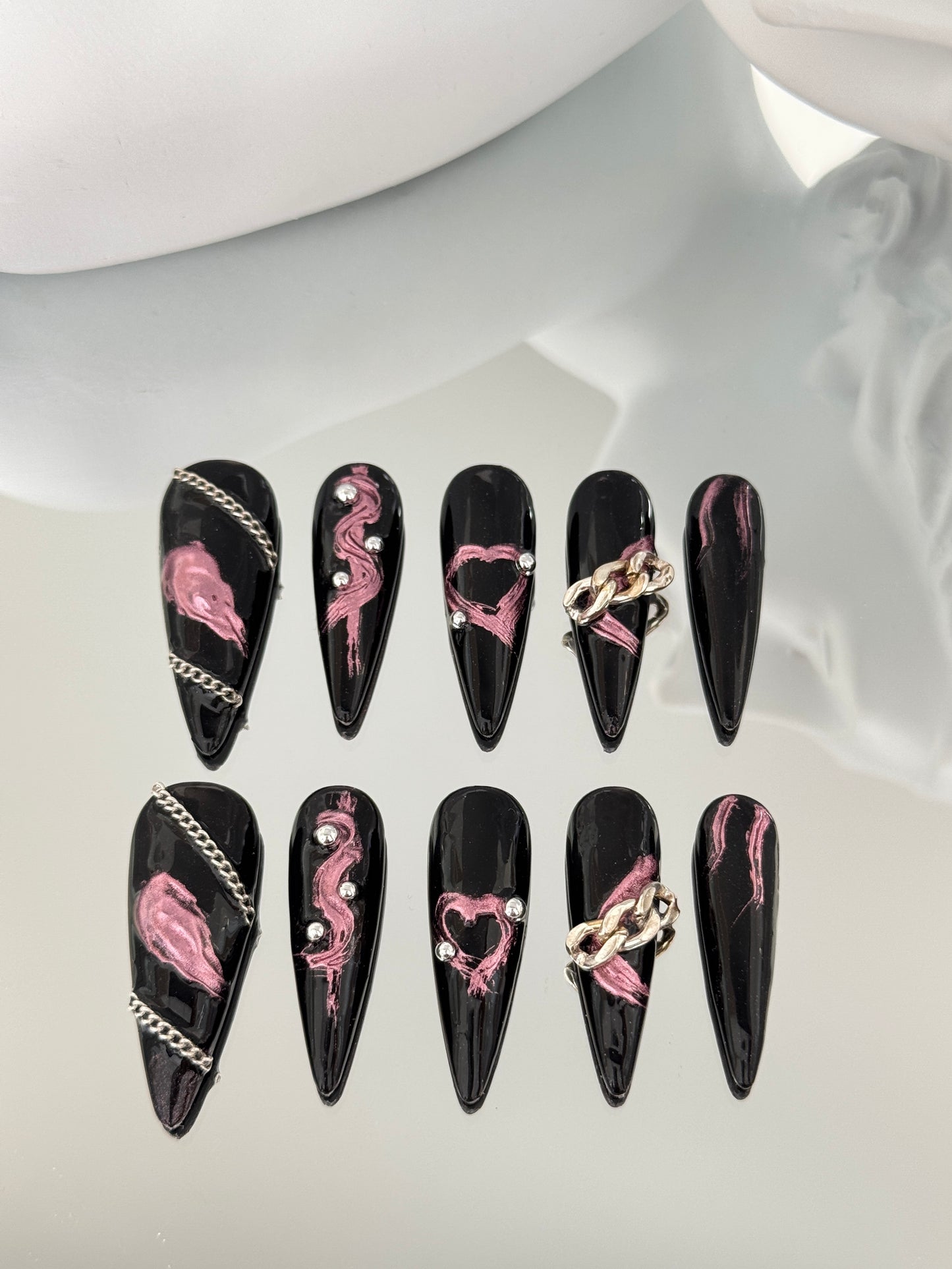 Superlong stiletto hand-painted nails black pink