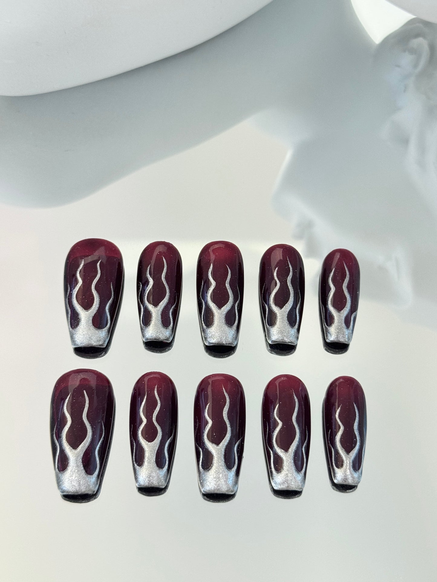 Long coffin hand-painted fire nails black silver