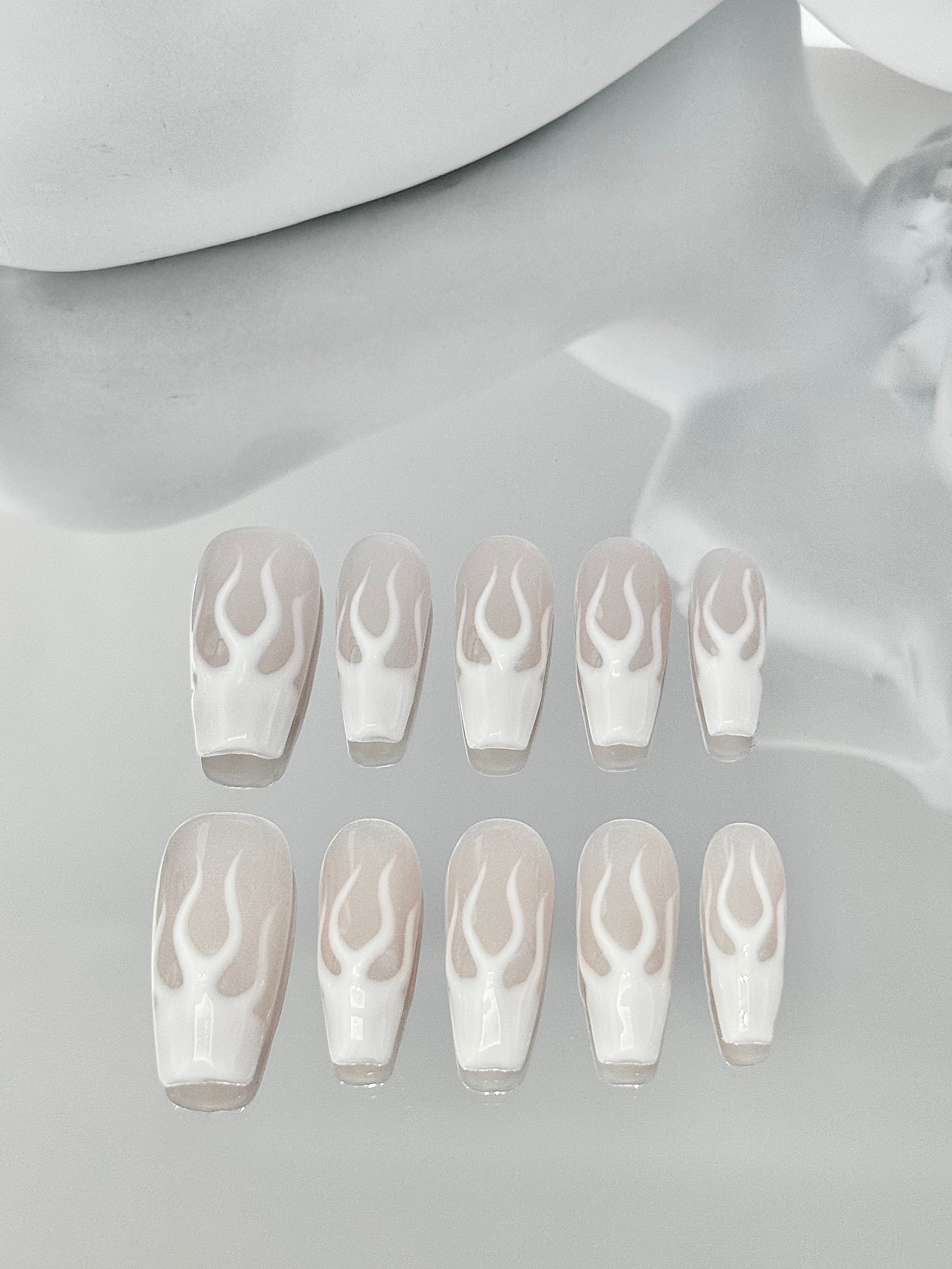 Long coffin hand-painted fire nails white noctilucence