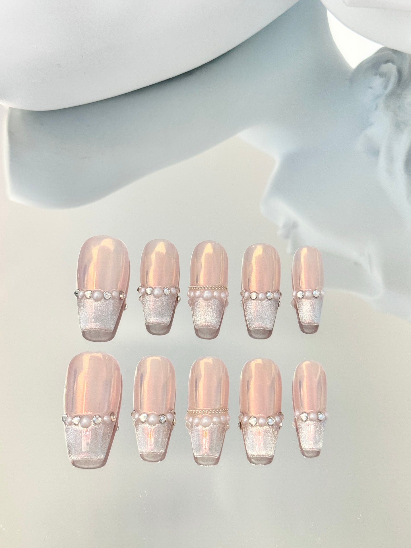 Long coffin glitter powder nails silver