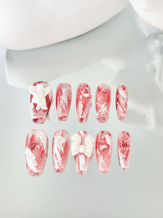 Long coffin angel matte nails pink