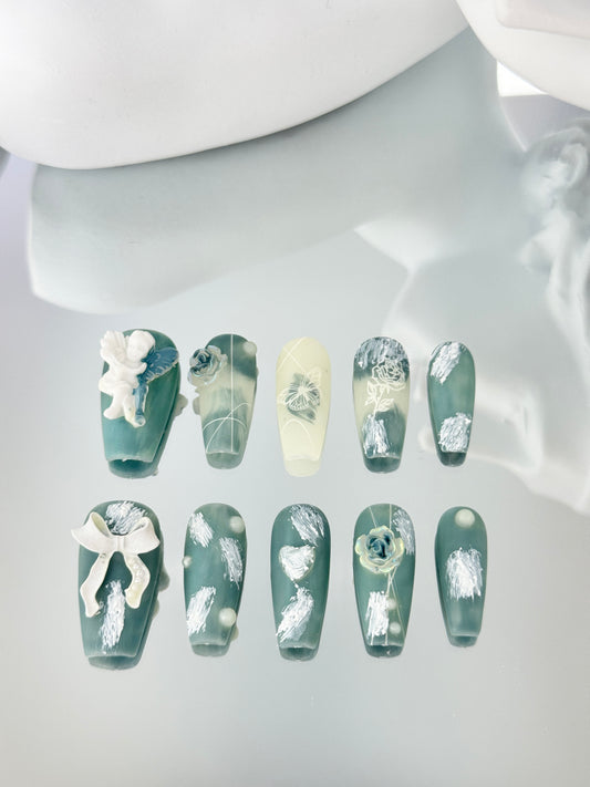 Long coffin matte angel sticker nails grey