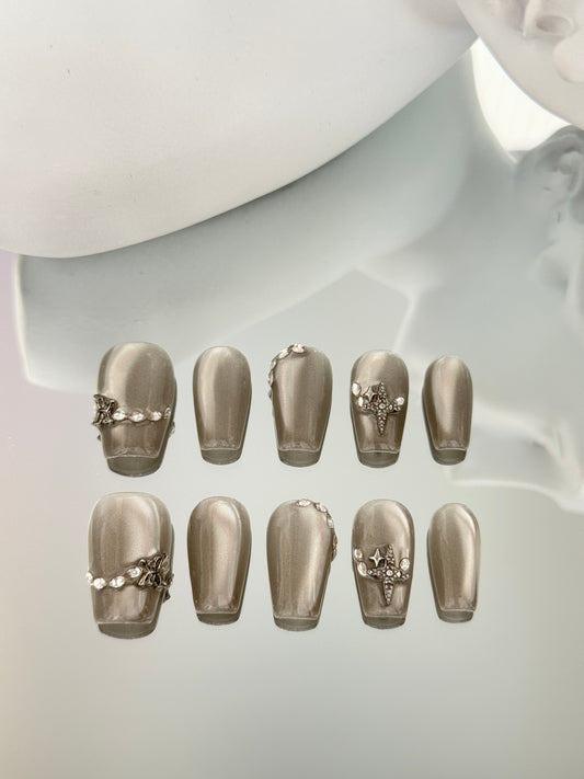Medium length coffin metallic nails silver