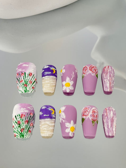 Medium length coffin hand painted matte nails purple