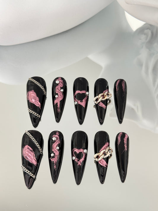 Superlong stiletto hand-painted nails black pink