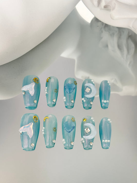 Long coffin mermaid nails blue