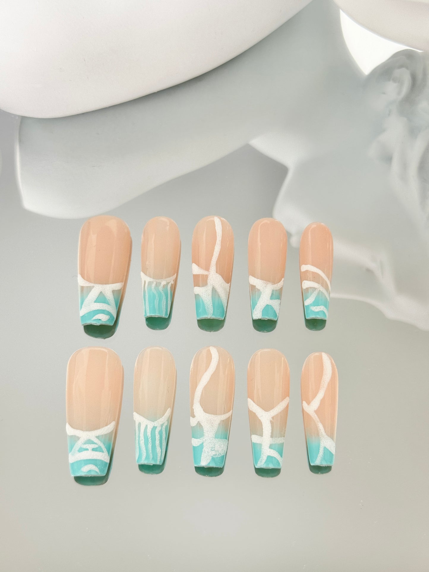 Superlong coffin hand-painted matte nails blue