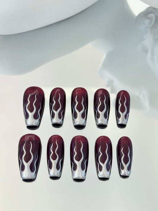 Long coffin hand-painted fire nails black silver