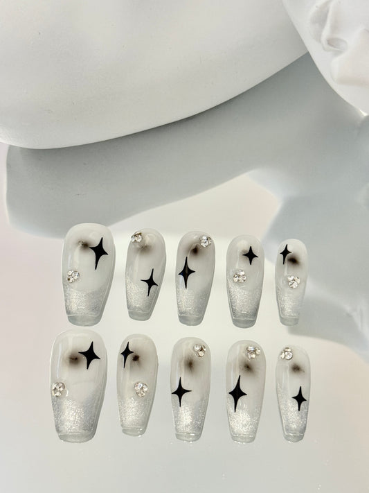 Long coffin glitter powder nails silver