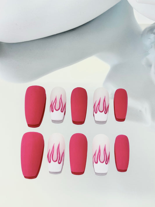 Long coffin hand-painted fire nails pink