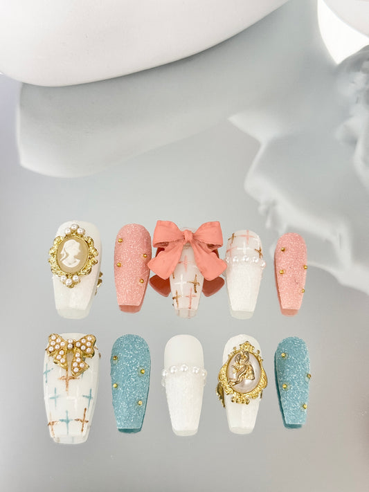 Long coffin European style nails pink blue