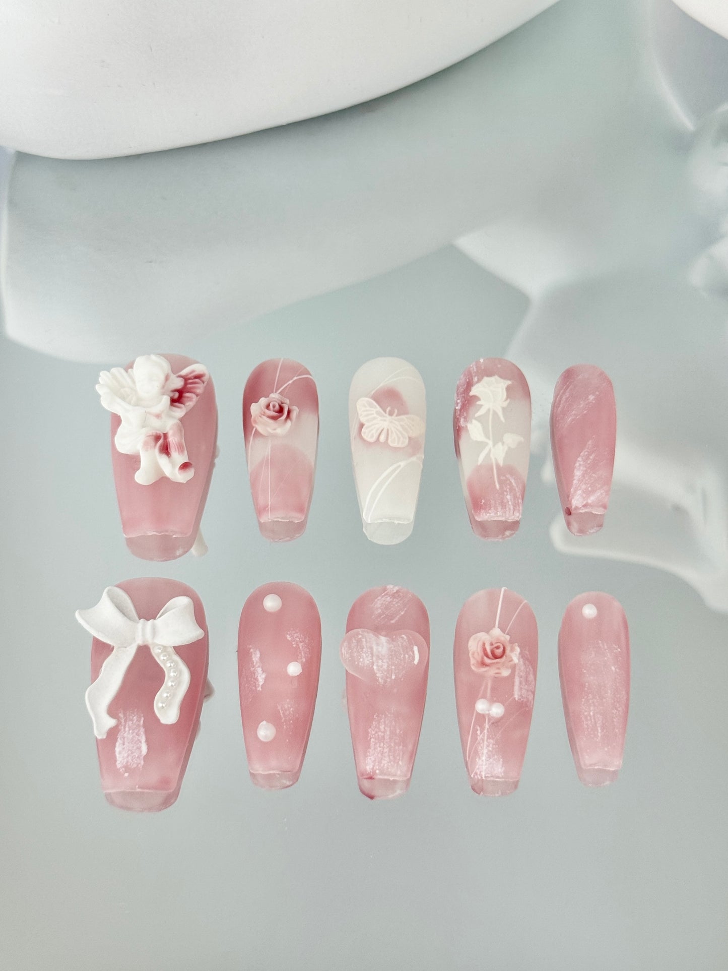 Long coffin angel matte nails pink