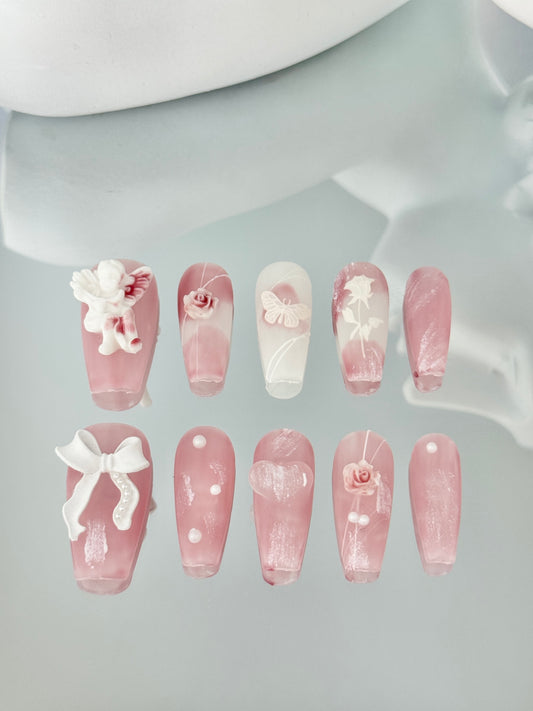 Long coffin angel matte nails pink