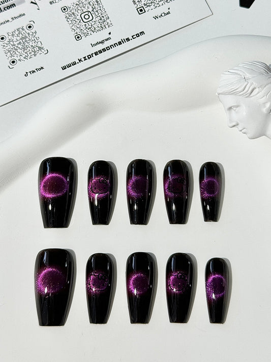 Long coffin cat eye nails HelloKitty purple
