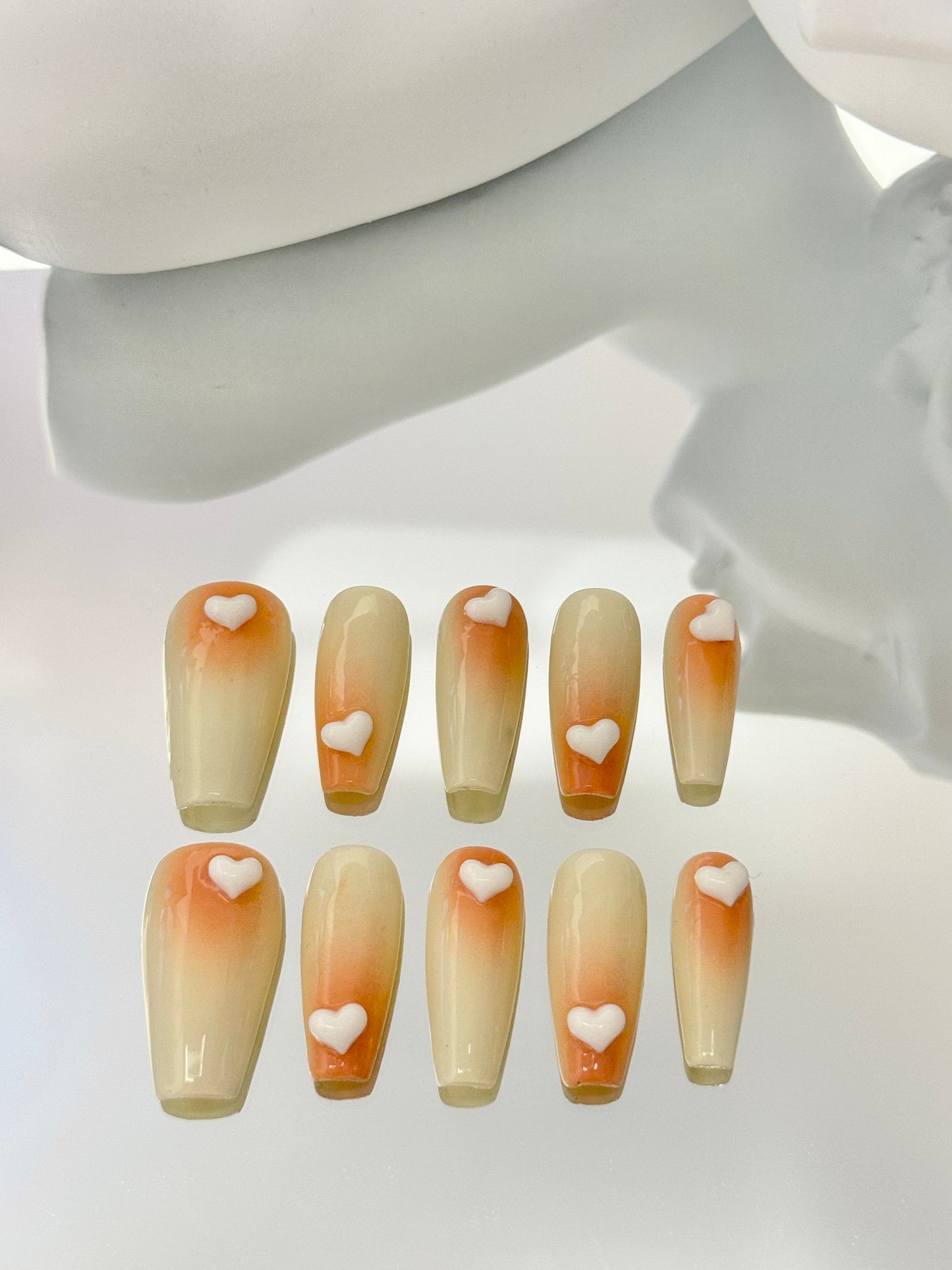 Long coffin 3d heart cute nails yellow