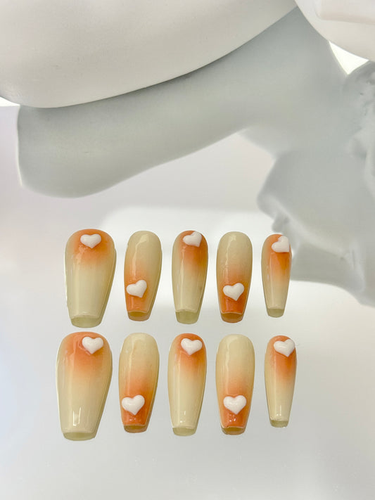 Long coffin 3d heart cute nails yellow