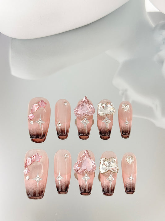 Long coffin diamond nails pink