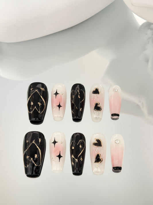 Long coffin hand-painted heart nails black white