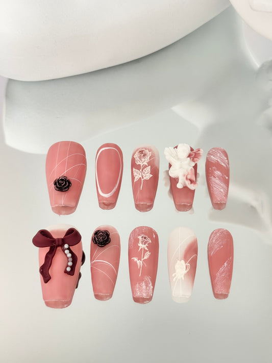 Long coffin matte nails pink
