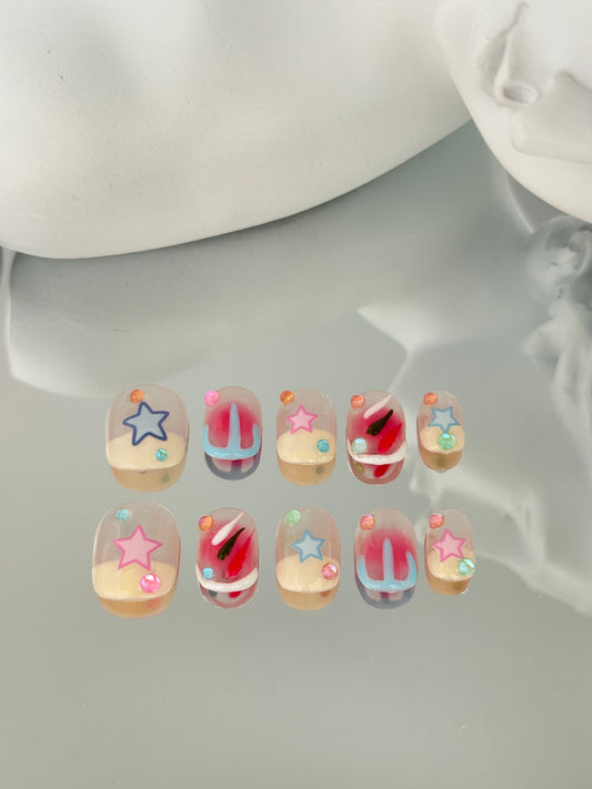 Short square oval cute stars nails child colorful