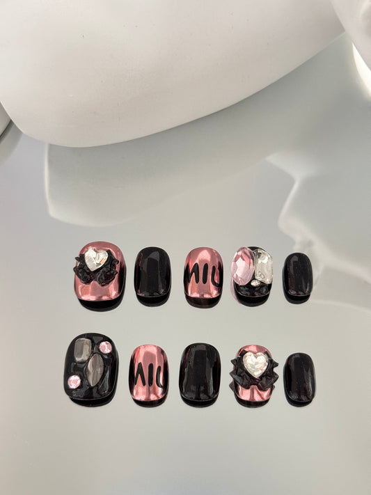 Short square oval MiuMiu style charms nails black pink