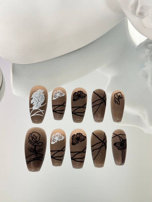 Long coffin butterfly rose nails grey