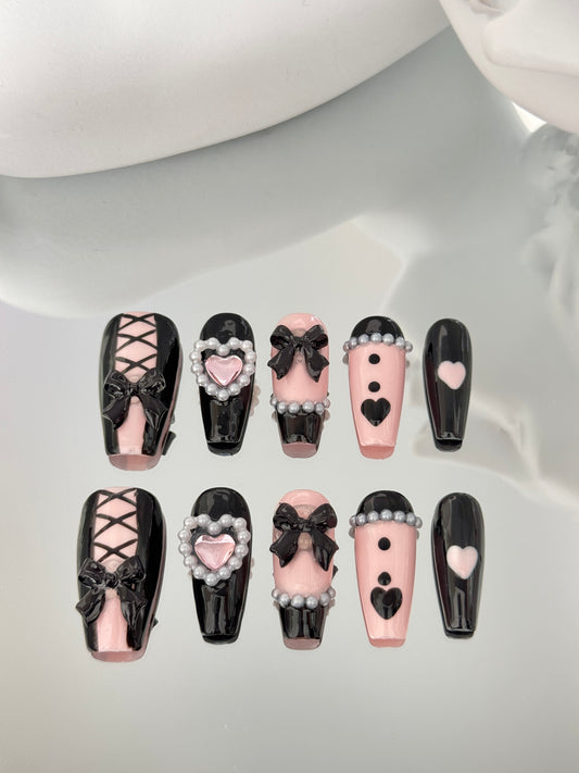 Long coffin pearl nails black pink