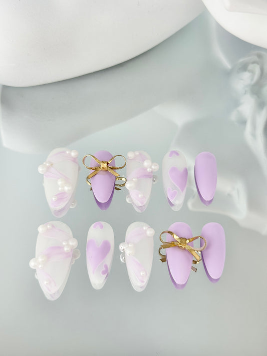 Long almond matte bowknot nails purple