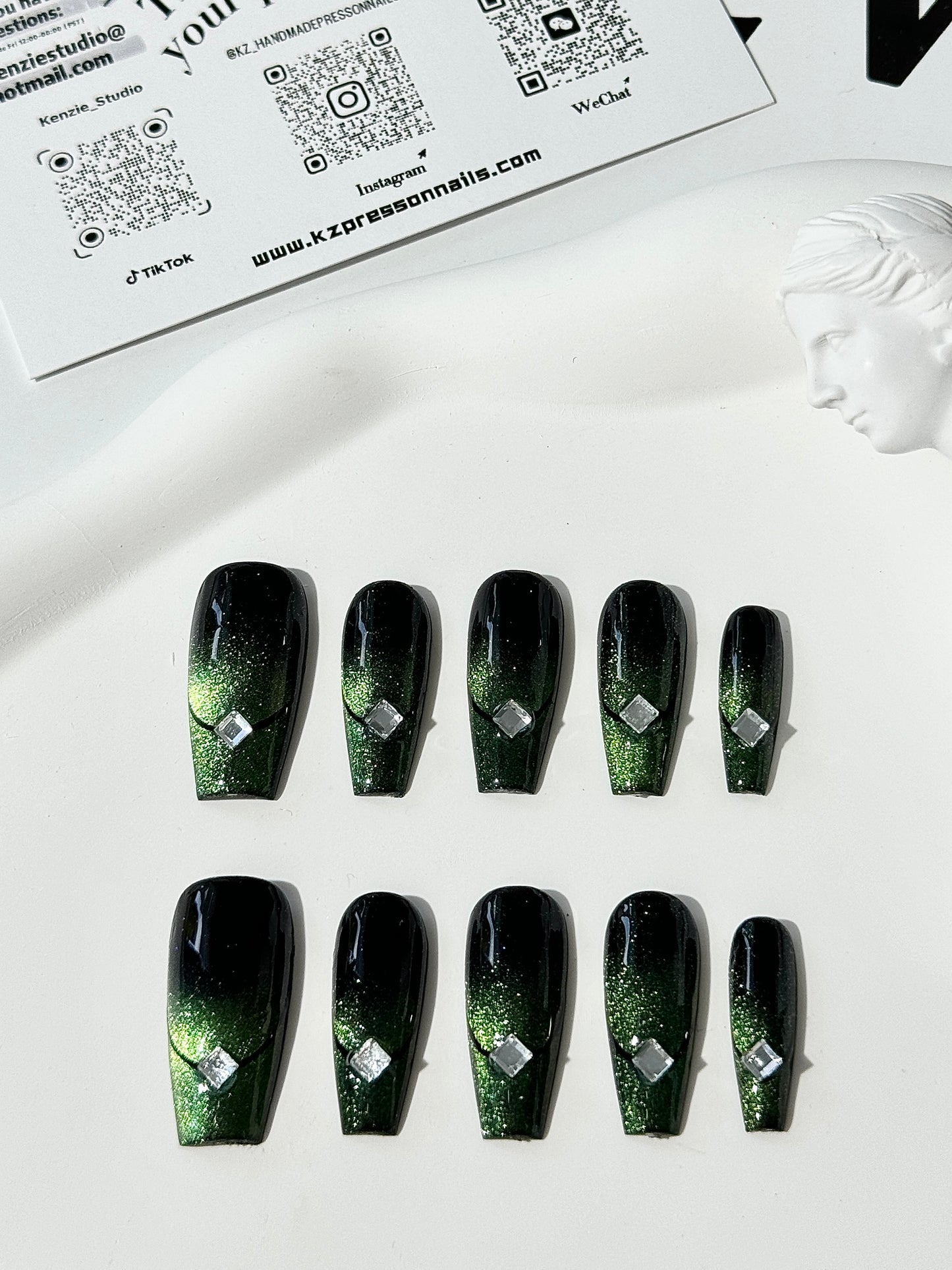 Long coffin cat eye nails green