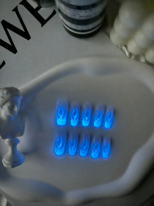 Long coffin hand-painted fire nails white noctilucence
