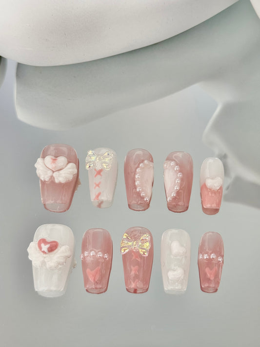 Medium length coffin 3d stickers nails pink white