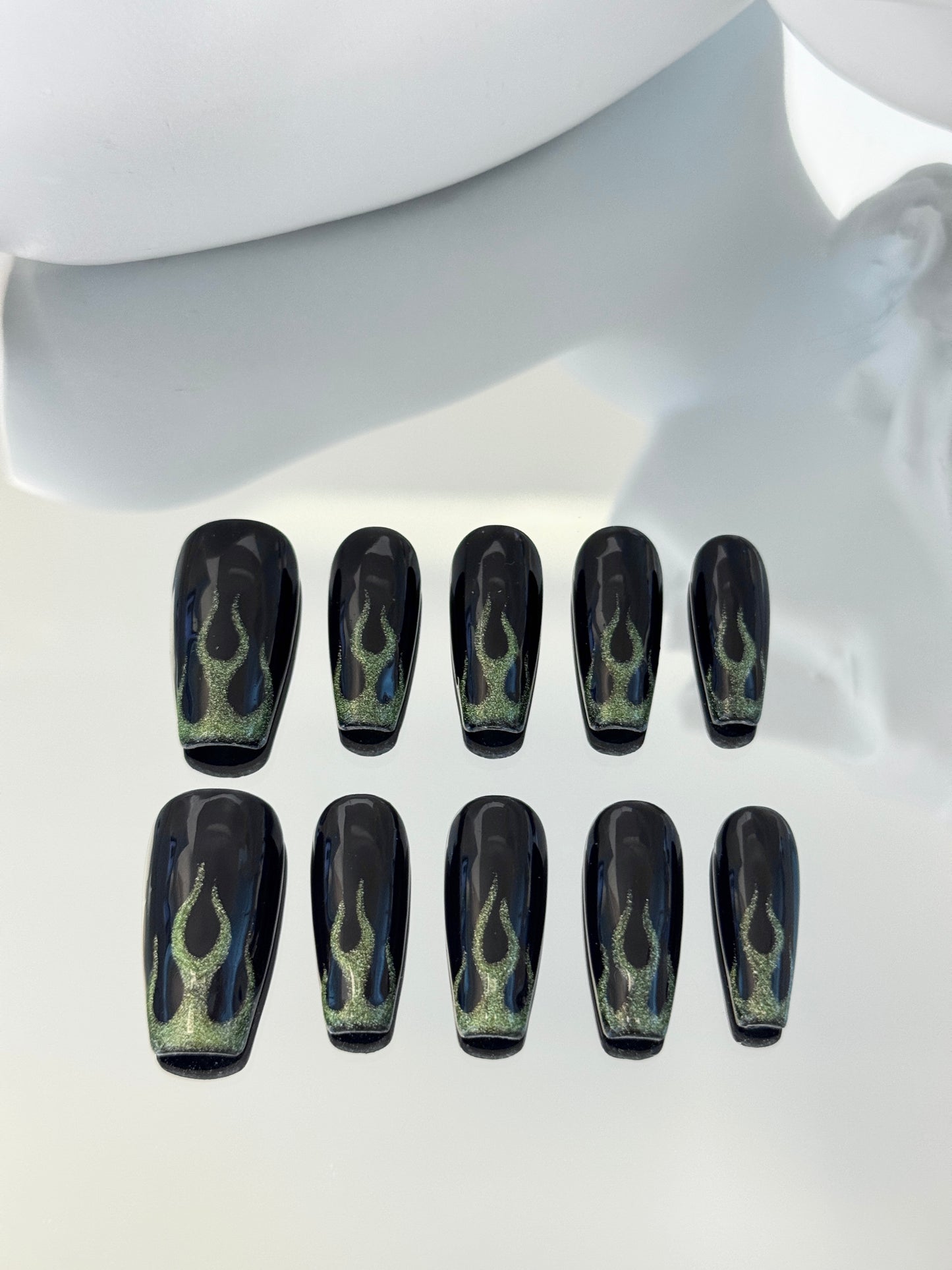Long coffin hand-painted fire nails black green