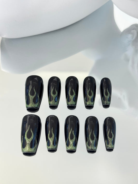 Long coffin hand-painted fire nails black green