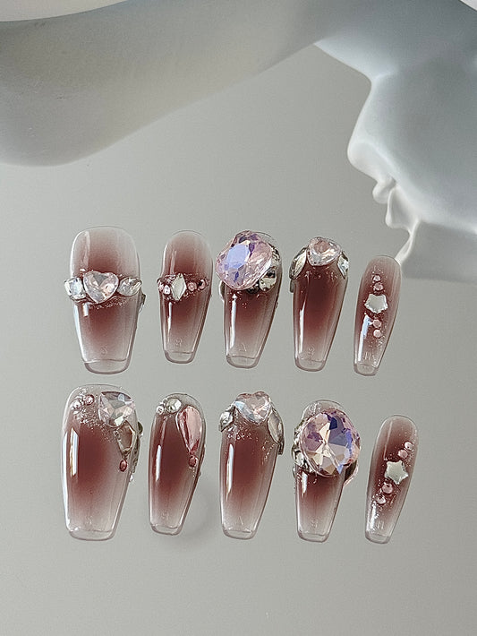 Long coffin diamond nails pink