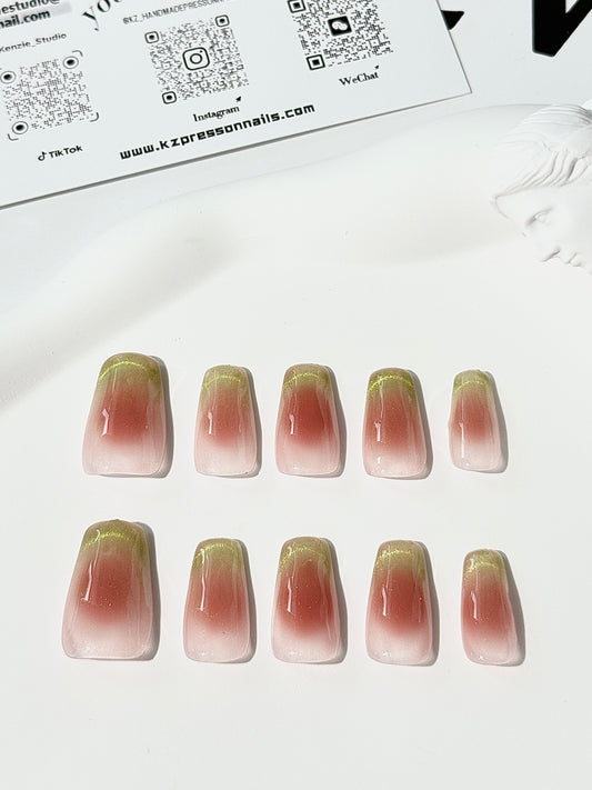 Medium length square oval cat eye blush nails green