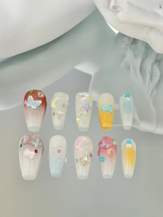 Long coffin jelly nails colorful