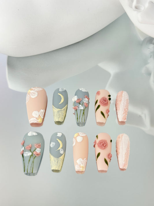 Long coffin hand-painted matte nails blue pink