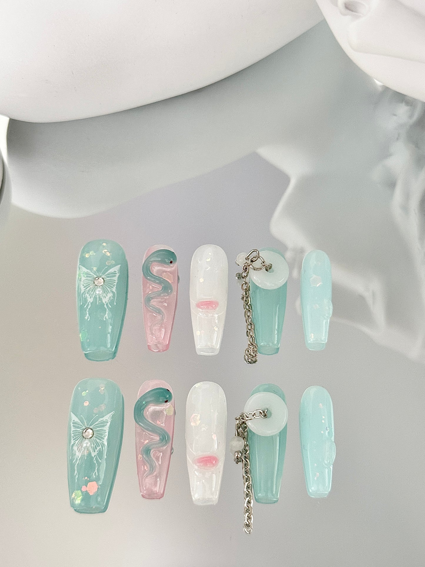 Superlong coffin snake hand-painted nails jade green