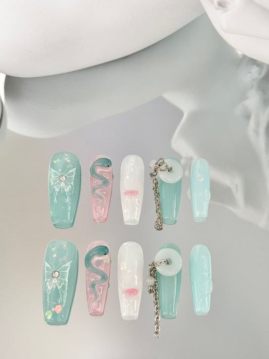 Superlong coffin snake hand-painted nails jade green