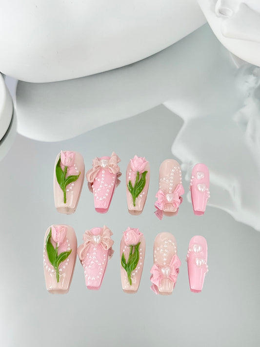 Long coffin 3d tulip nails pink