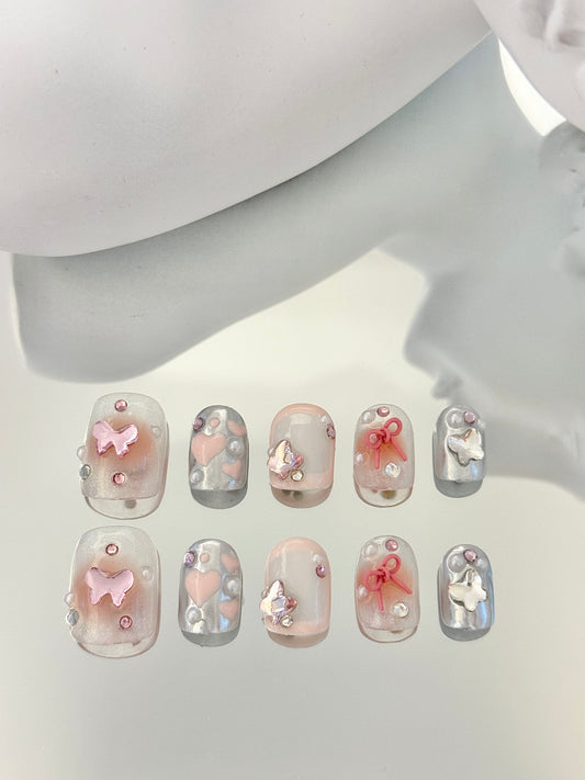 Short square oval y2k butterfly nails pink silver