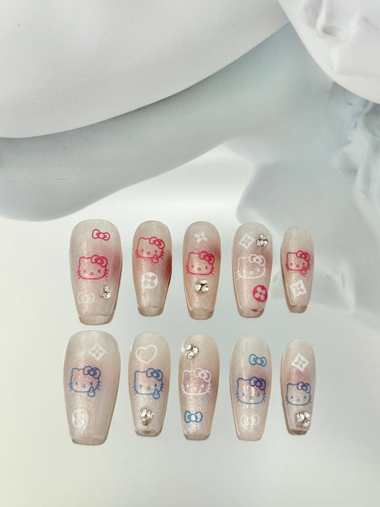 Long coffin Hello Kitty nails transpatent