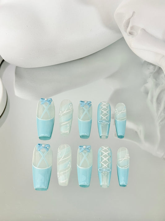 Long coffin coquette nails blue
