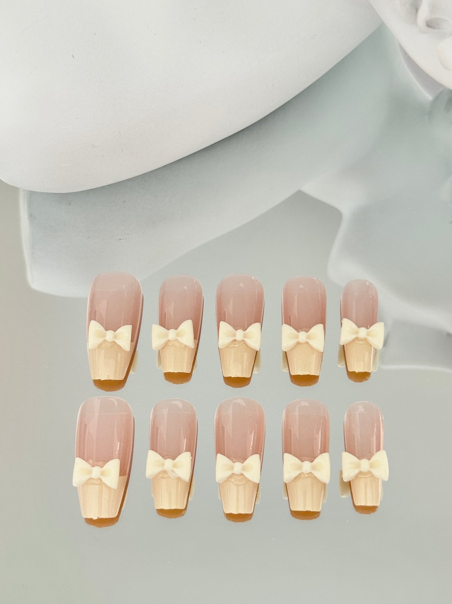 Long coffin bowknot nails yellow