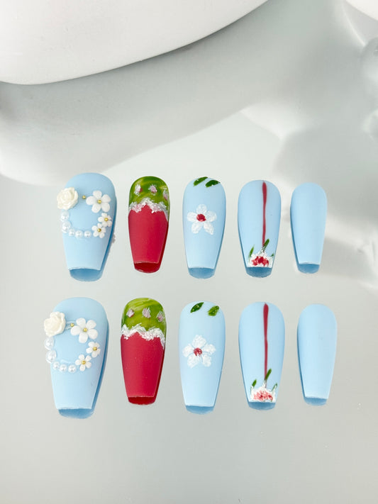 Long coffin matte hand-painted nails blue