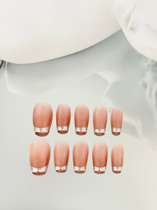 Medium length coffin French manicure nails silver