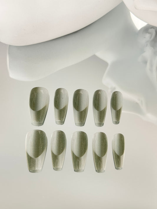 Long coffin French manicure nails green
