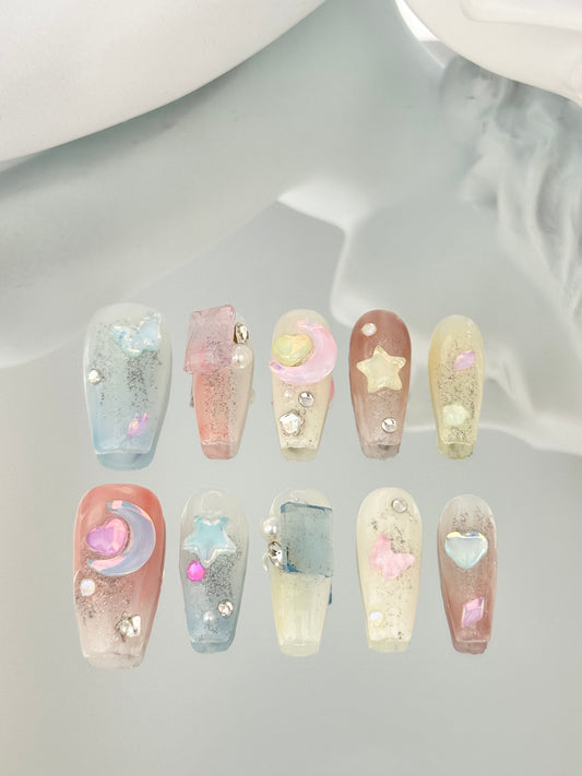 Long coffin jelly nails colorful