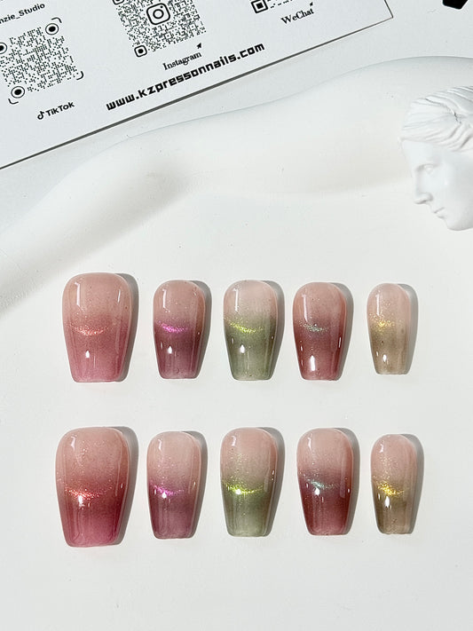 Medium length coffin cat eye nails colorful