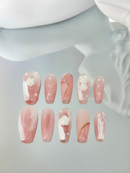 Long coffin rose nails pink